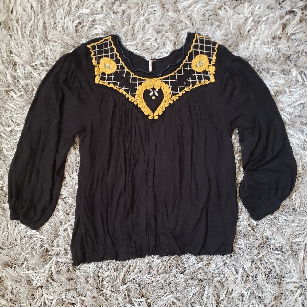 Free People Black Long Sleeve Crepe Peasant Top